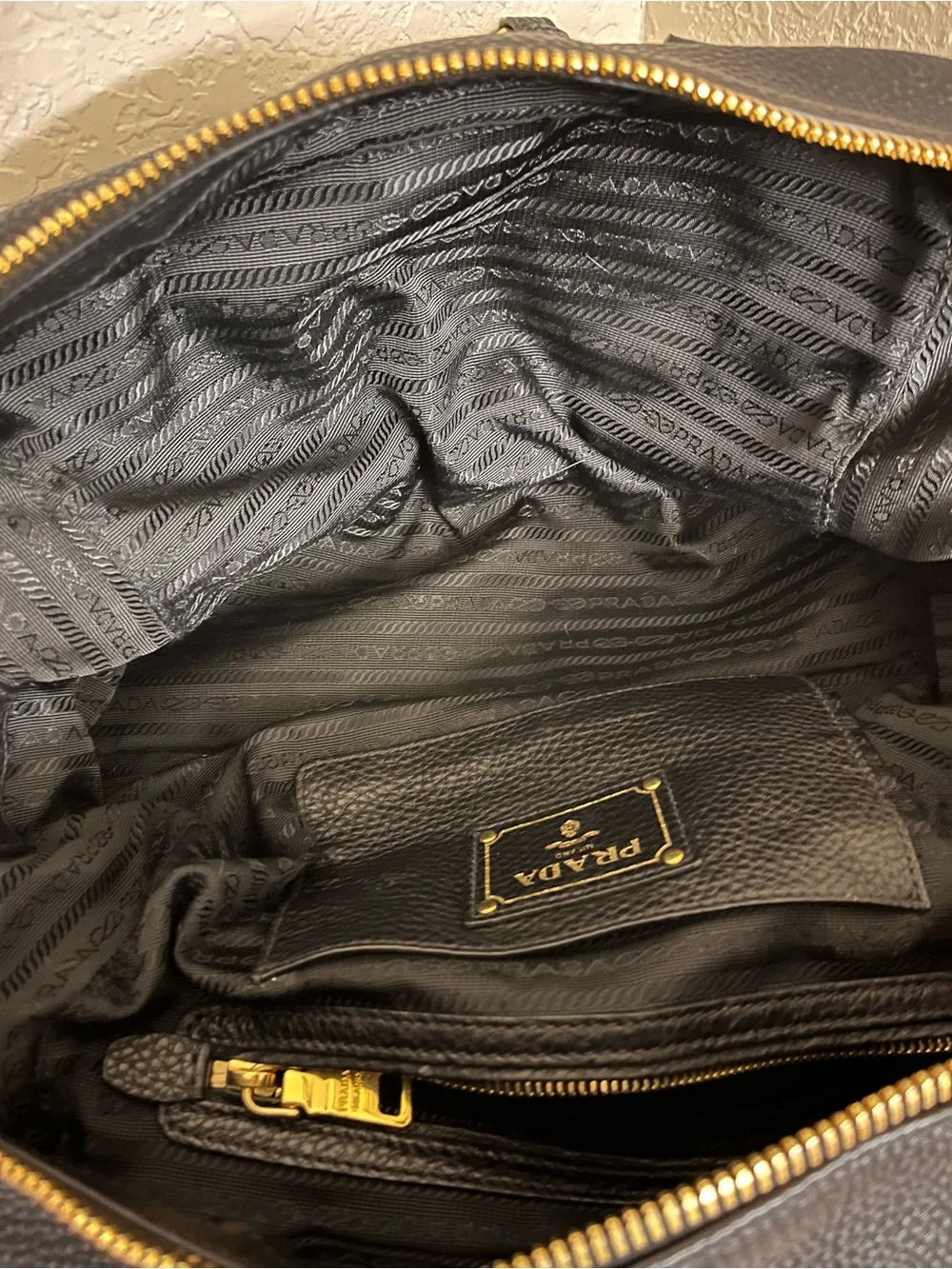 Prada Vintage Nero Pebble Leather Vitello Daino Bauletto Satchel, Gold Hardware